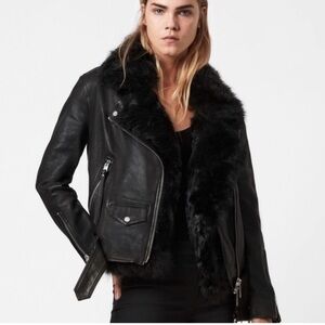 Women's Black Leather Jacket with Real Shearling Vest